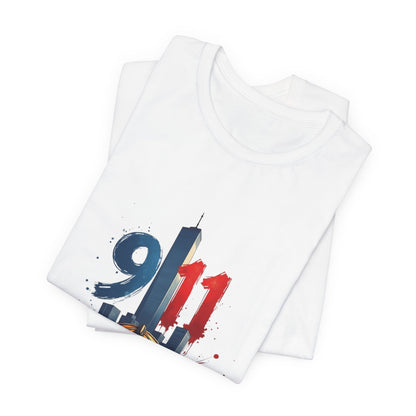 9/11 Firefighter Memorial Tee — Tribute T-Shirt with Helmet & Twin Towers Design