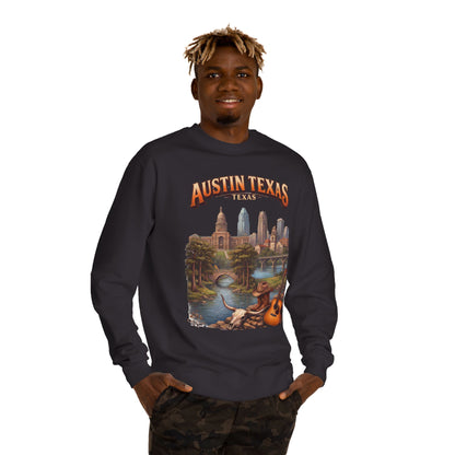 Austin Texas Sweatshirt — Vintage Cityscape & Guitar Crewneck