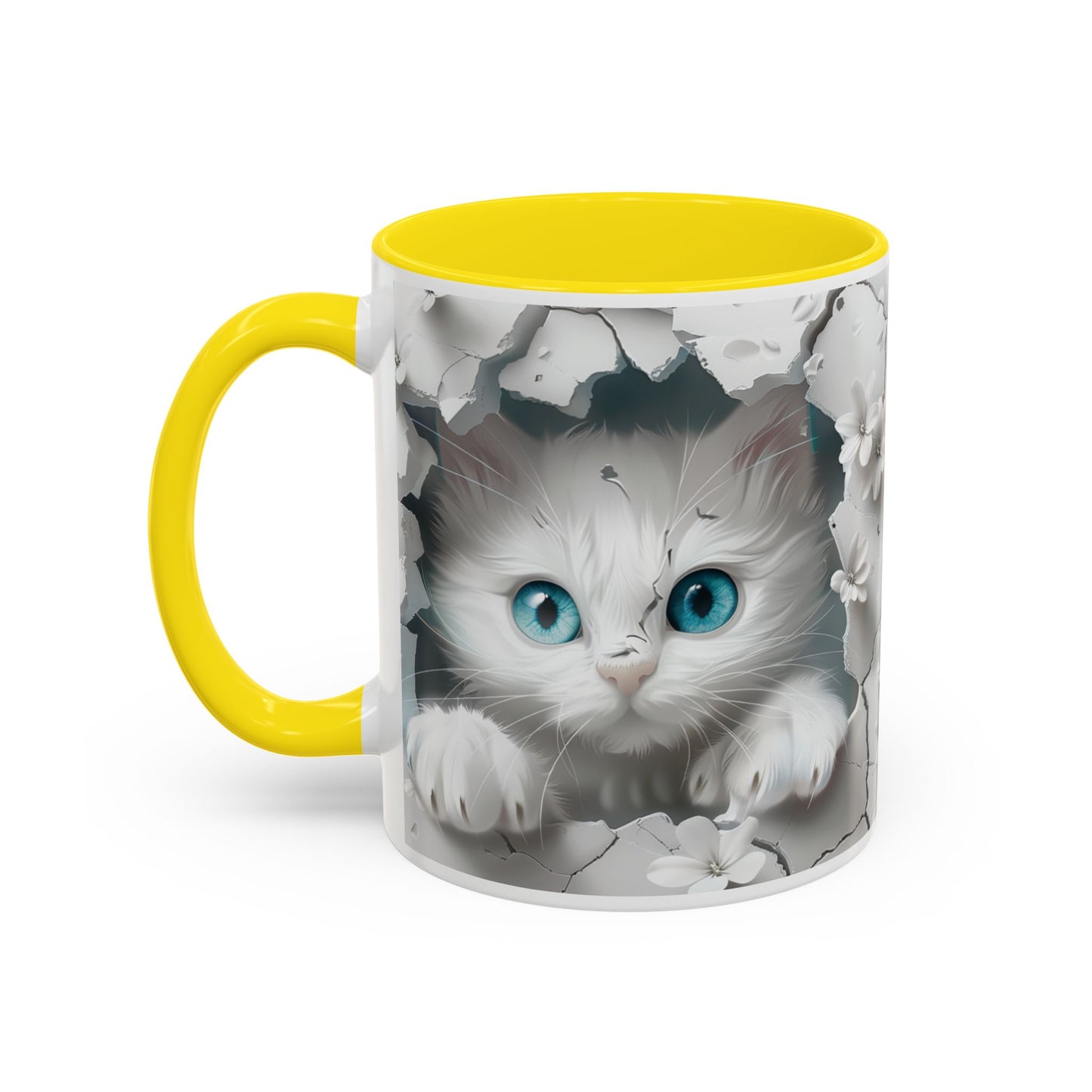 Cute Blue-Eyed Kitten Accent Coffee Mug – Floral Peekaboo Cat Design (11/15 oz)