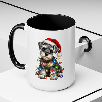 Christmas Puppy Coffee Mug — Schnauzer in Santa Hat with Holiday Lights (11/15oz)