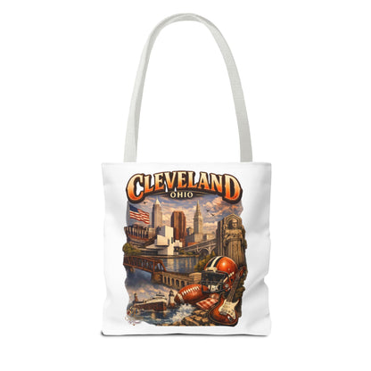 Cleveland Cityscape Tote Bag — Vintage Ohio Skyline & Sports Montage