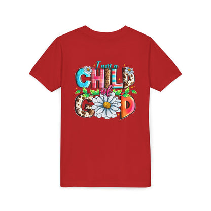 Youth Tee — "I Am a Child of God" Floral Christian Graphic