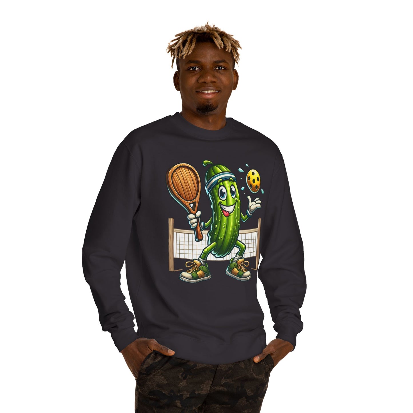 Pickle Pickleball Crewneck Sweatshirt — Cute Pickle Playing Pickleball Graphic