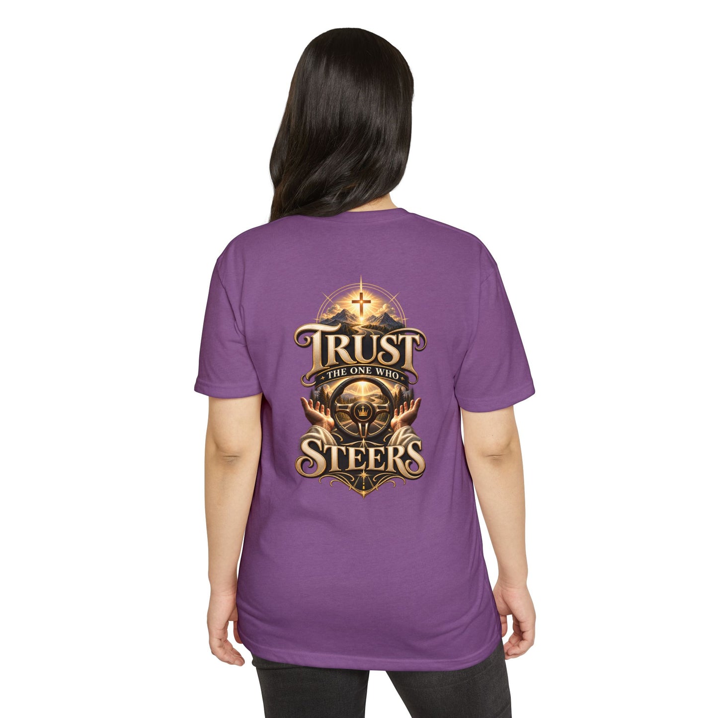 Trust He Steers T‑Shirt — Christian Faith Nautical Steering Wheel Design