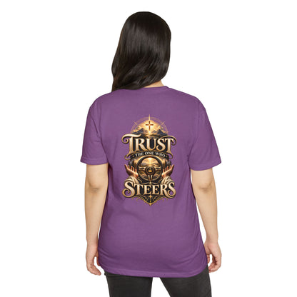 Trust He Steers T‑Shirt — Christian Faith Nautical Steering Wheel Design