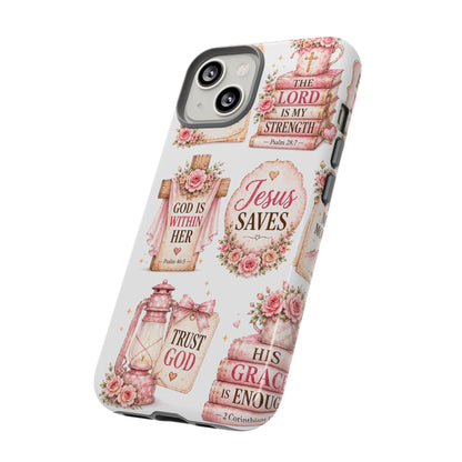Christian Phone Case — Jesus Saves Floral Tough Case with 'God Is Within Her' & 'Trust God' Design