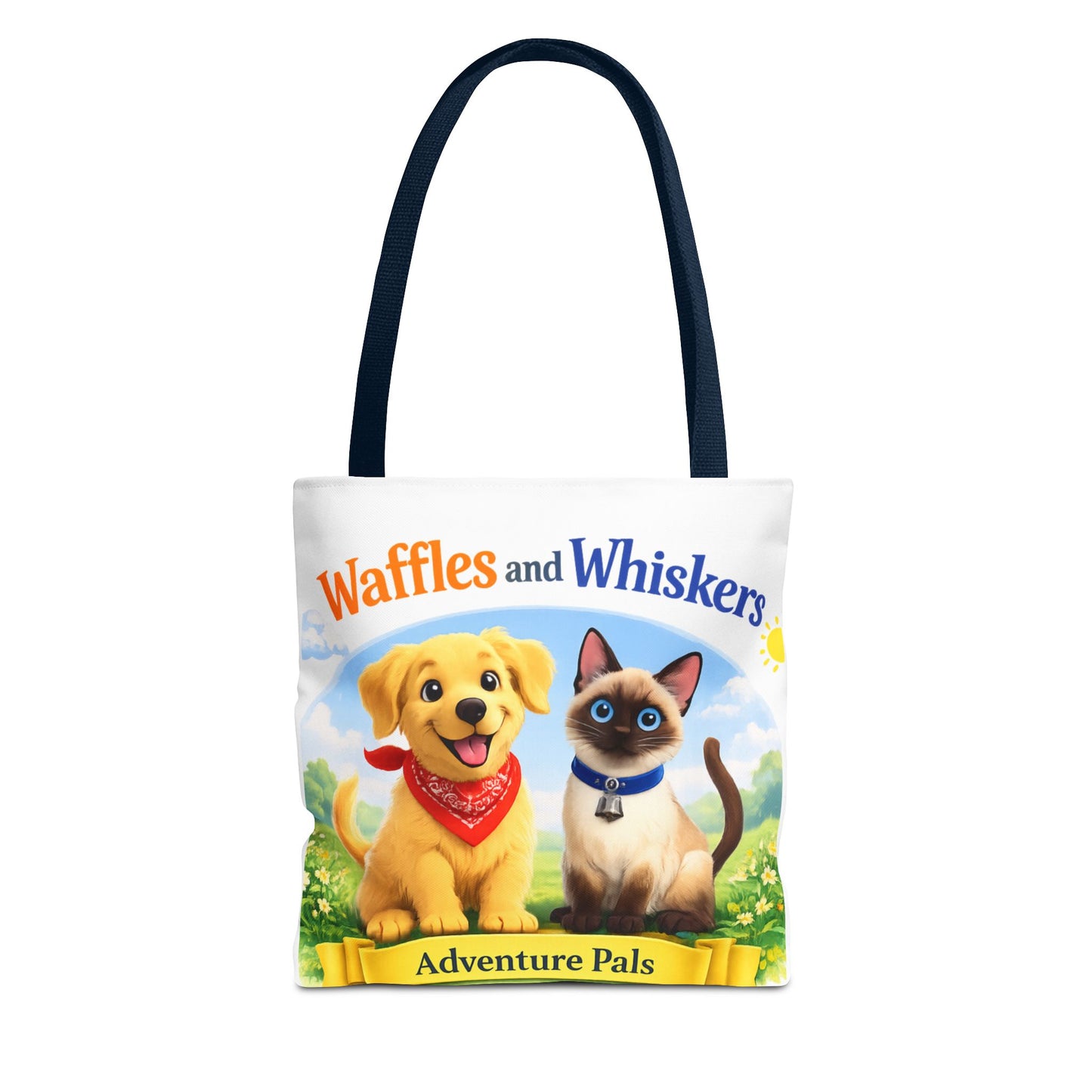 Waffles & Whiskers Adventure Pals Tote Bag — Cute Puppy and Kitten Kids Book Design