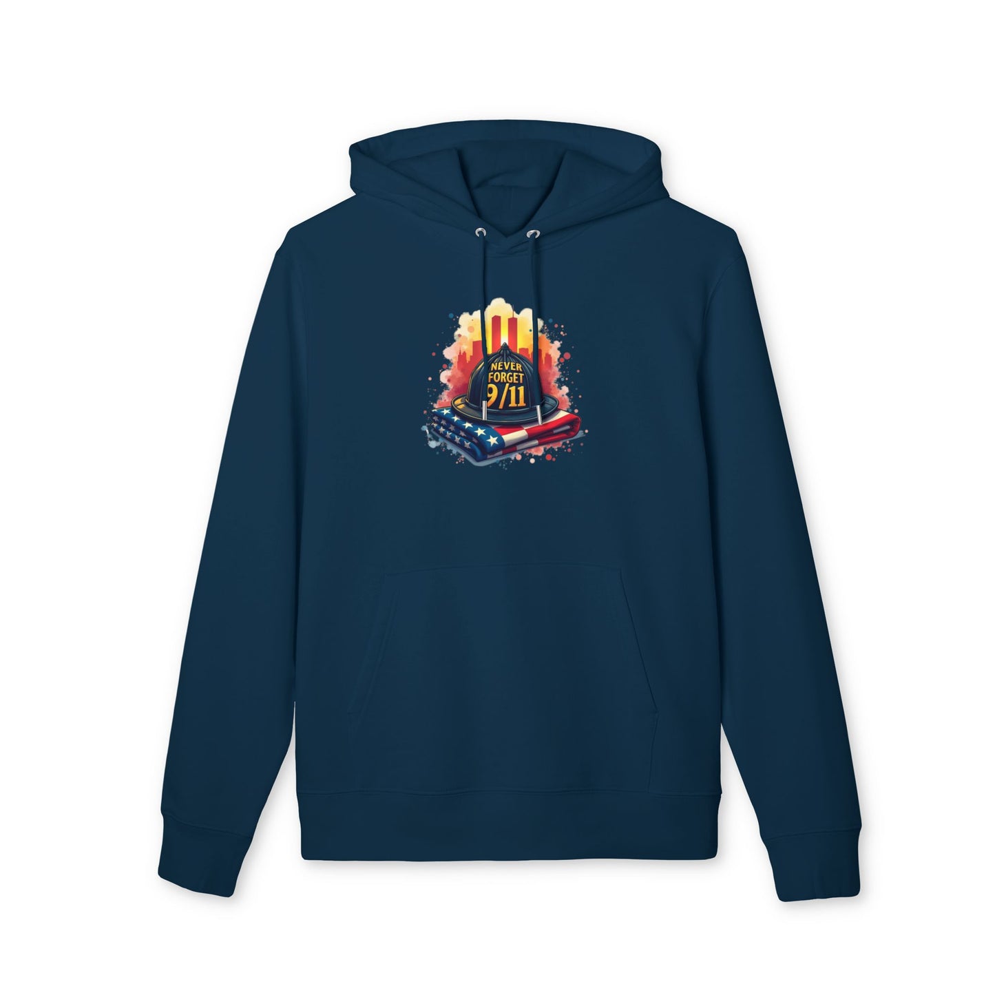 9/11 Never Forget Hoodie — Memorial Tribute Pullover with Twin Towers and Flag
