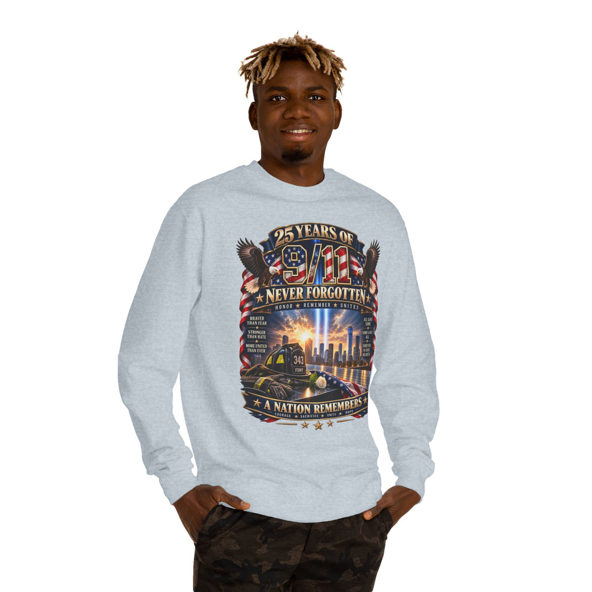 9/11 Memorial Sweatshirt — "25 Years of 9/11 Never Forgotten" Tribute Crewneck
