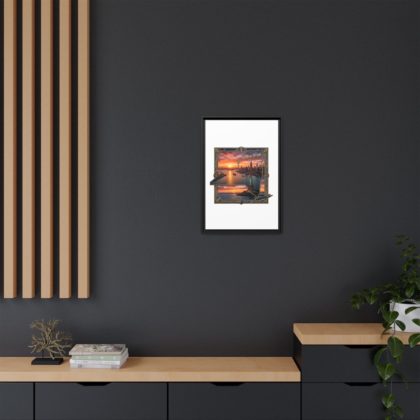 Framed Matte Canvas Wall Art — New York City Sunset Skyline with Statue of Liberty