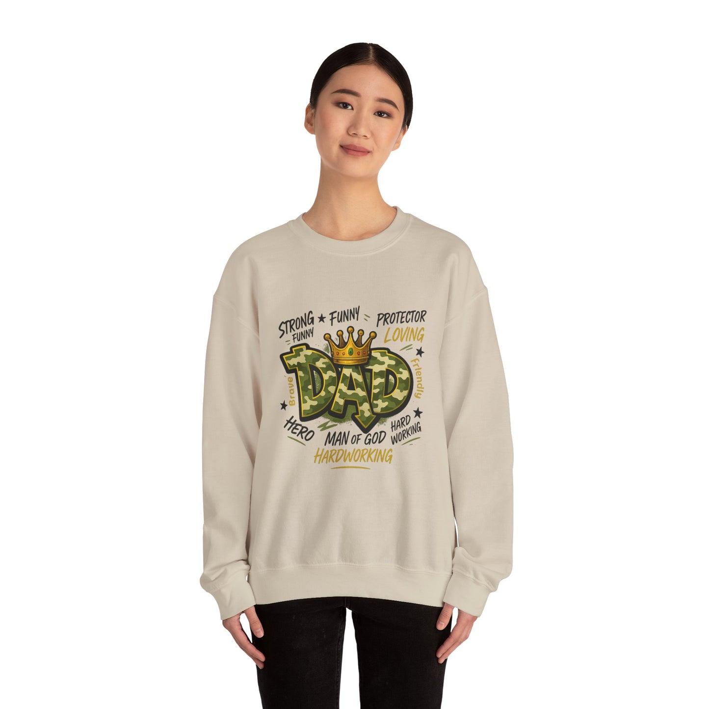 Dad Crown Crewneck Sweatshirt — "DAD" Camouflage Design, Loving, Hardworking Father Gift