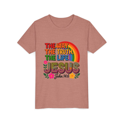 Youth Tee — "The Way, The Truth, The Life" Jesus John 14:6 Rainbow Christian Shirt