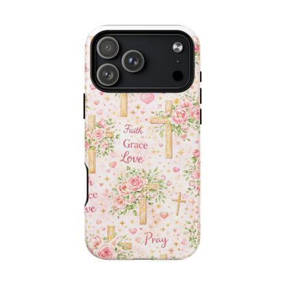 Christian Floral Cross Phone Case — "Faith Grace Love" Tough Magnetic Case