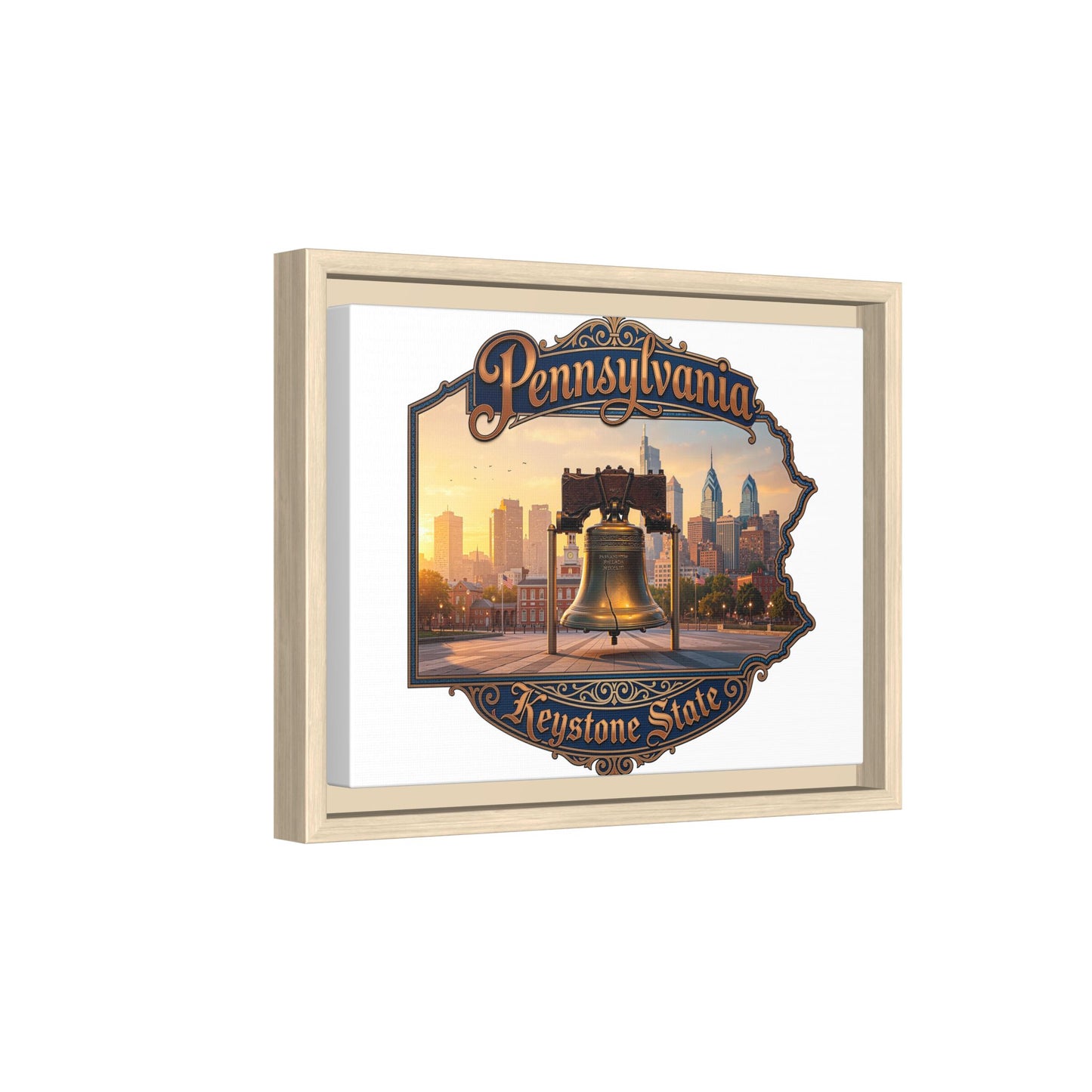 Pennsylvania Keystone State Framed Canvas Wall Art — Liberty Bell & Philadelphia Skyline