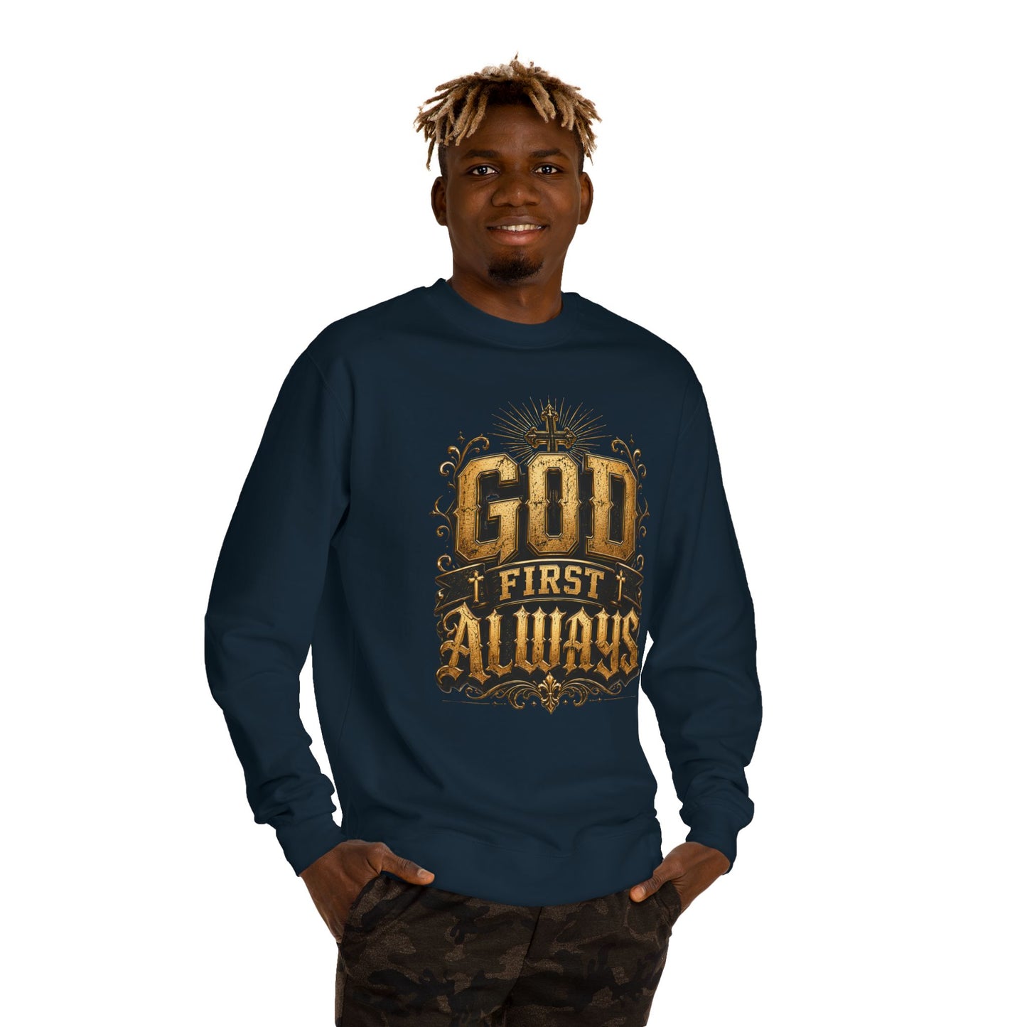 God First Always Crewneck Sweatshirt — Christian Faith Graphic Pullover