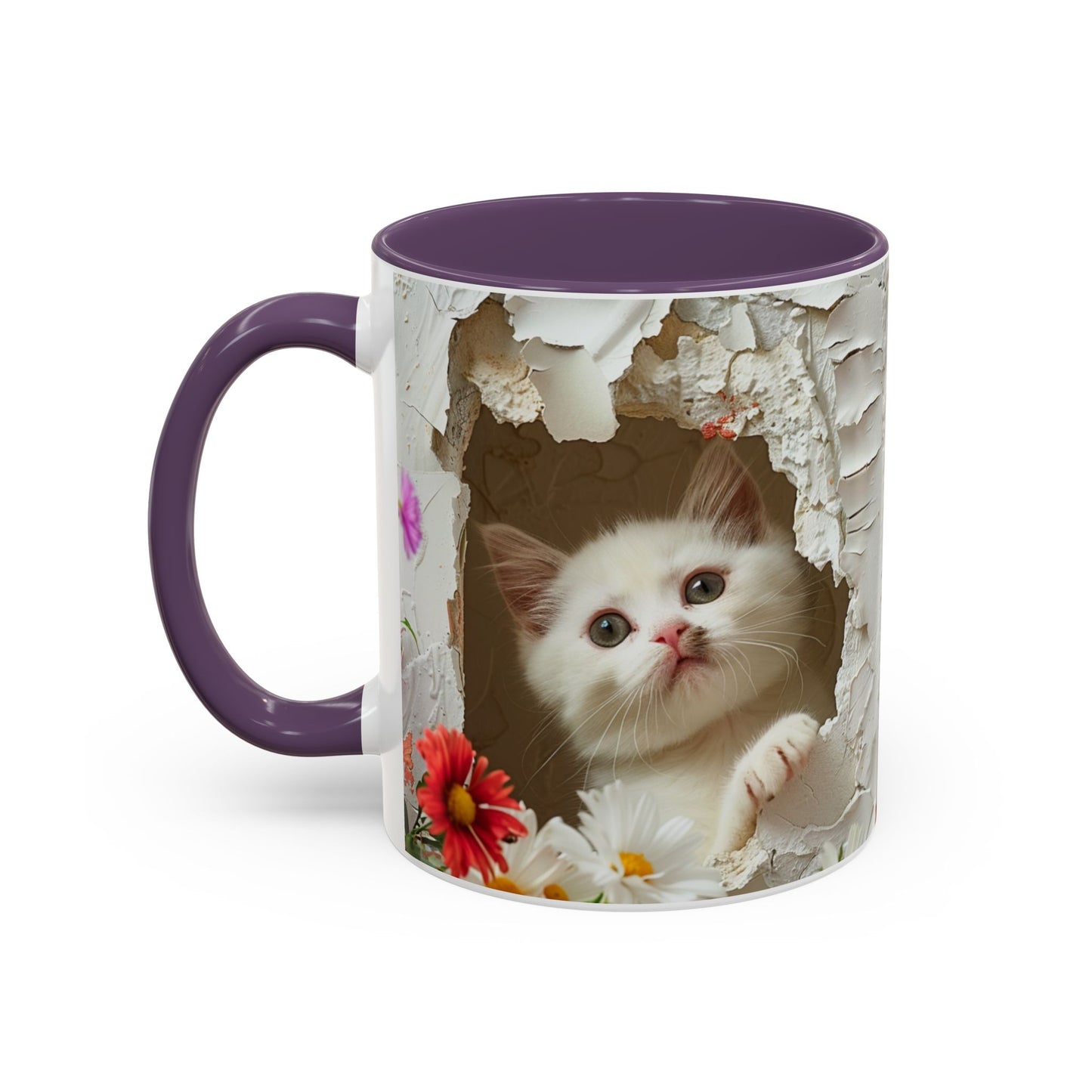 Peek-A-Boo Kitten Accent Coffee Mug — Cute Cat Floral Design (11/15oz)