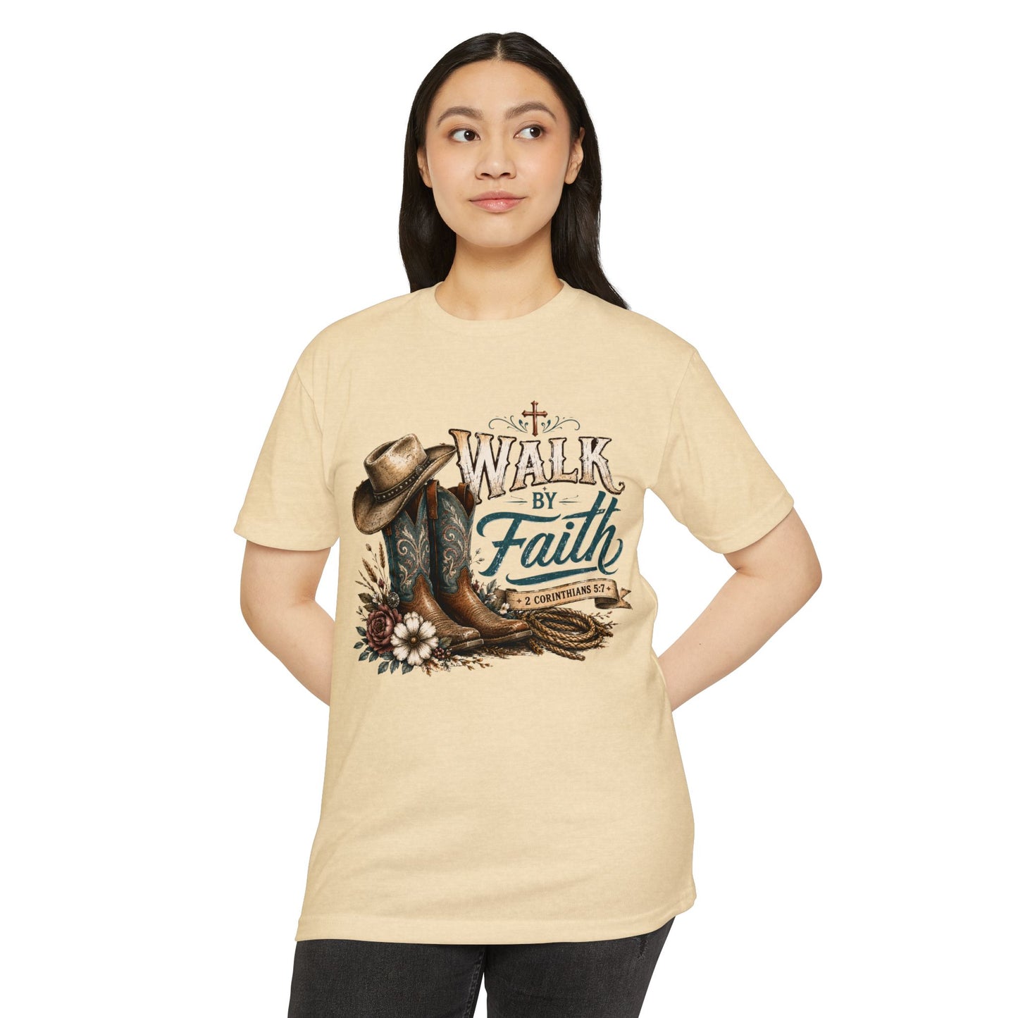 Walk By Faith T-Shirt — Christian Cowboy Boots & Hat Graphic Tee