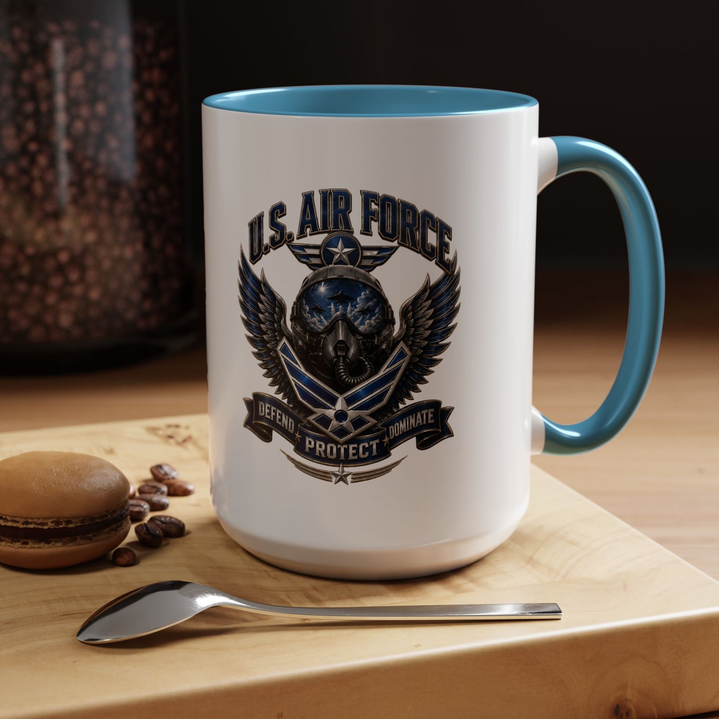 U.S. Air Force Emblem Accent Coffee Mug — Defend Protect Dominate (11/15oz)