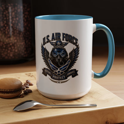 U.S. Air Force Emblem Accent Coffee Mug — Defend Protect Dominate (11/15oz)
