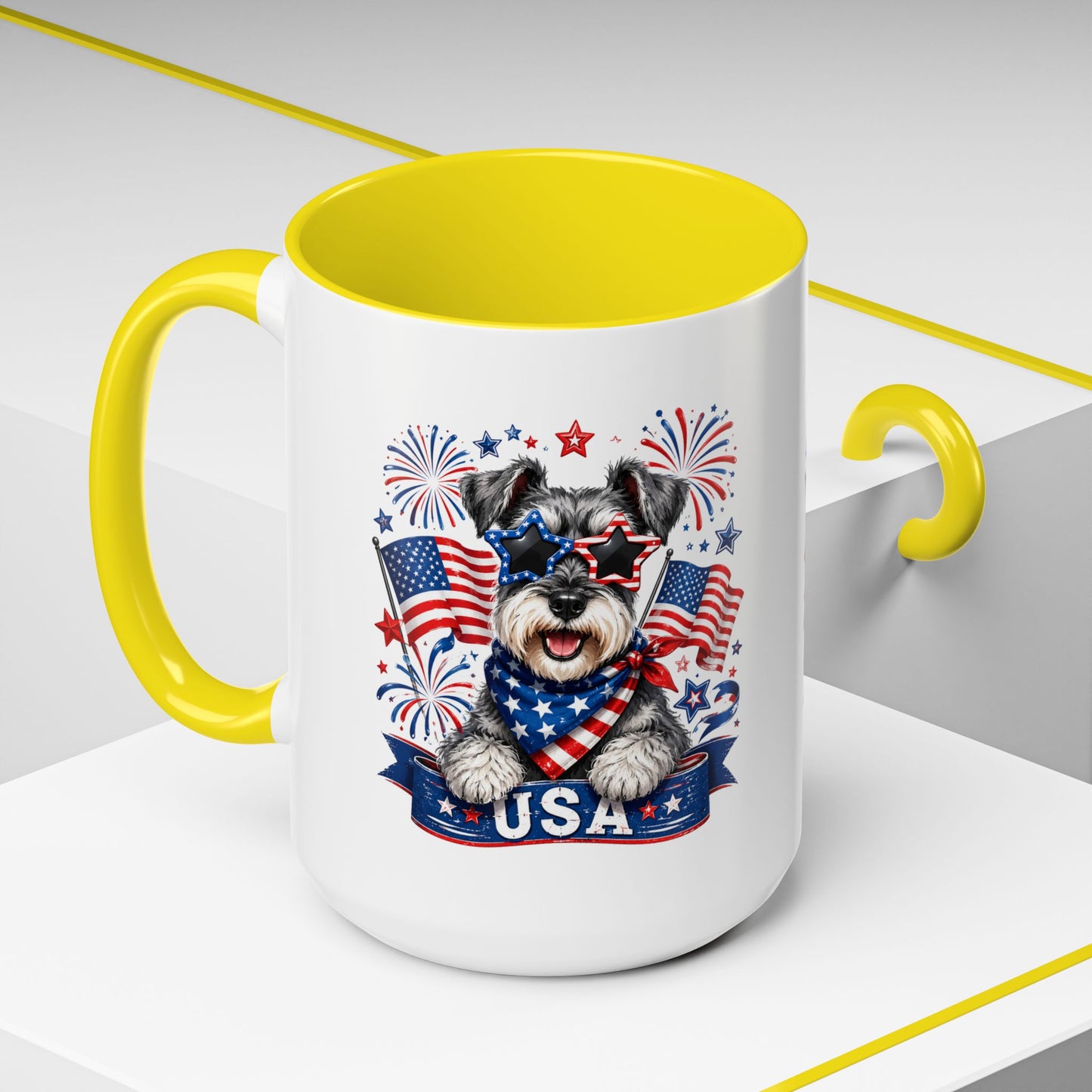 Patriotic Schnauzer Coffee Mug – USA Flag, Fireworks Accent Mug (11/15oz)