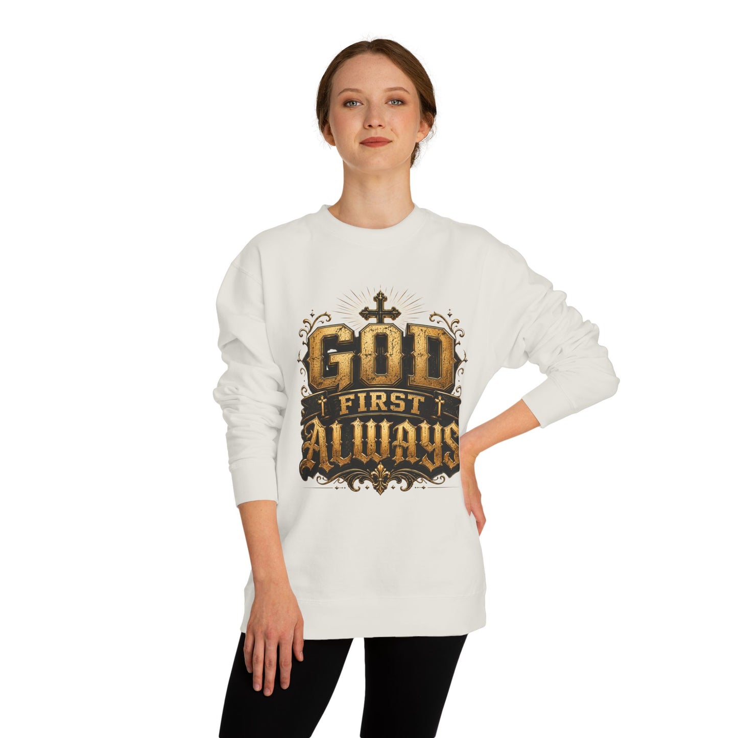 God First Always Crewneck Sweatshirt — Christian Faith Graphic Pullover