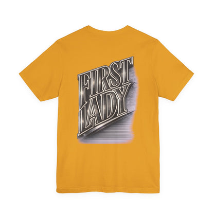First Lady Graphic Tee — Retro Metallic Script Short Sleeve Shirt