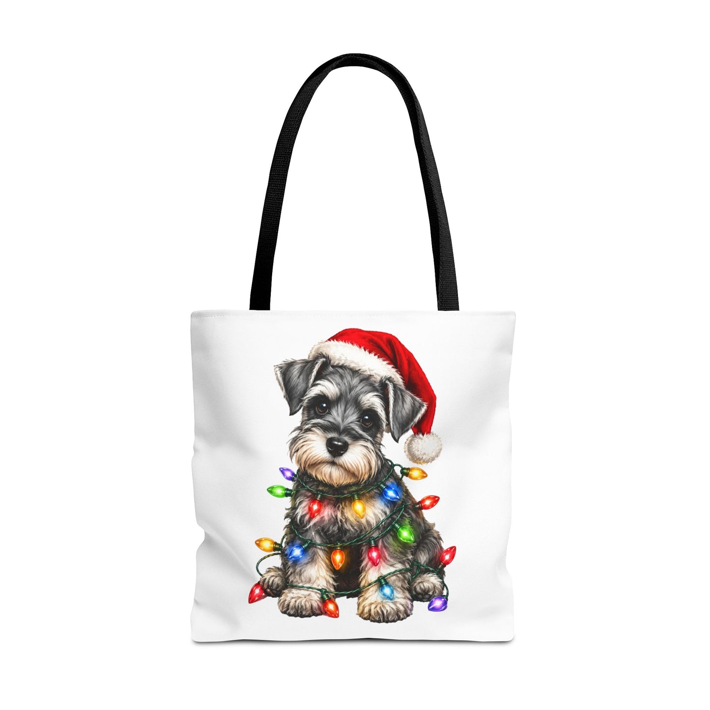 Christmas Schnauzer Tote Bag — Cute Puppy with Santa Hat & Holiday Lights