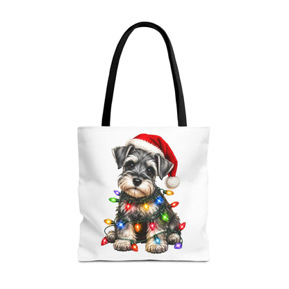 Christmas Schnauzer Tote Bag — Cute Puppy with Santa Hat & Holiday Lights