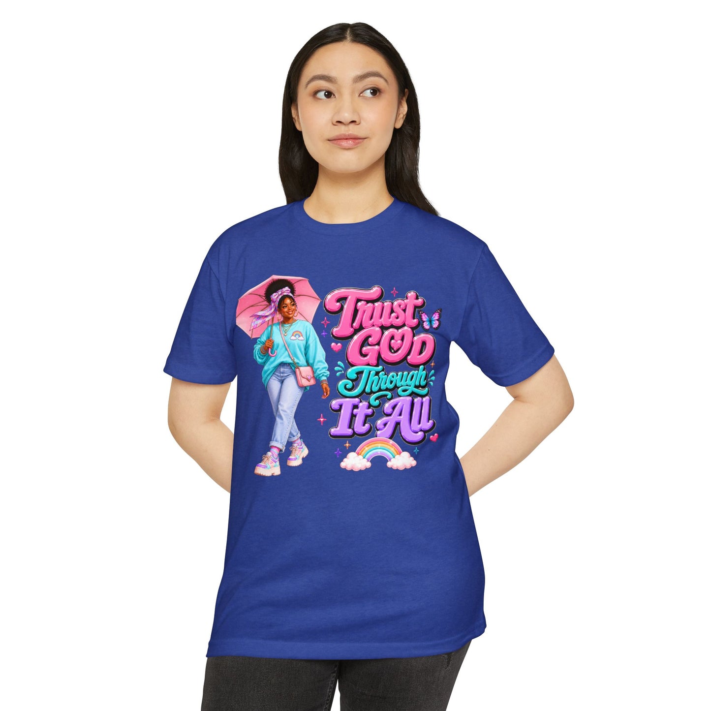 Trust God Through It All T-Shirt — Inspirational Faith Tee with Colorful Girl Illustration