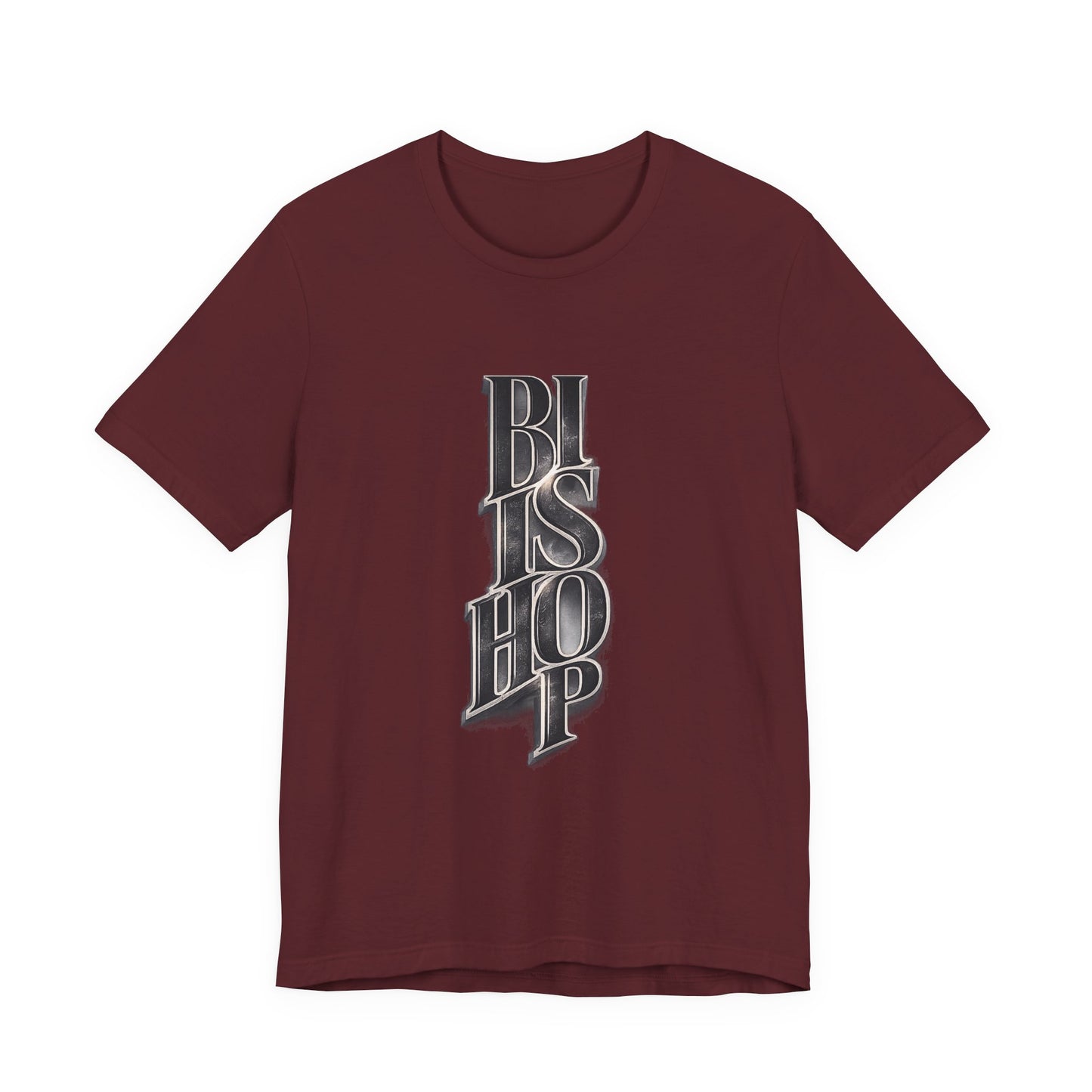 Bishop Vertical Script Tee — Vintage Gothic Lettering T-Shirt