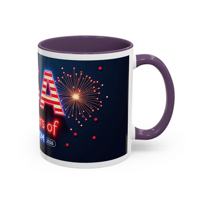 USA 250 Years of Freedom Accent Coffee Mug — Patriotic 1776–2026 Fireworks Design (11/15oz)