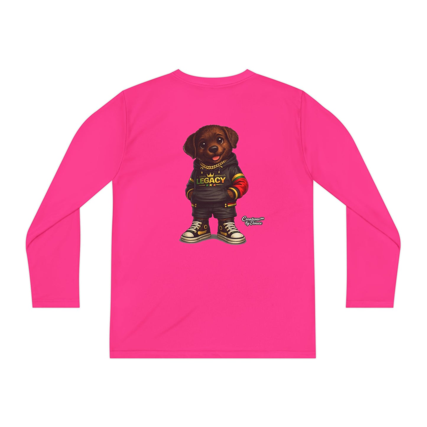 Kids Long Sleeve Tee — Brown Puppy Wearing 'Legacy' Hoodie Graphic