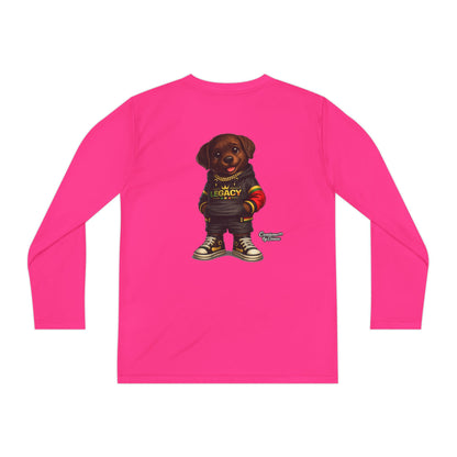 Kids Long Sleeve Tee — Brown Puppy Wearing 'Legacy' Hoodie Graphic