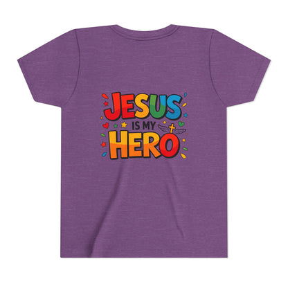 Youth Tee — "Jesus Is My Hero" Colorful Kids Christian T-Shirt