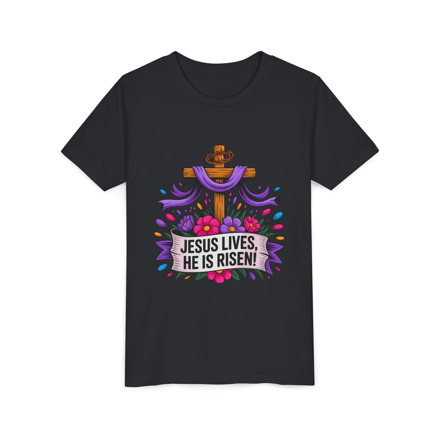 Youth Tee — "Jesus Lives, He Is Risen!" Easter Christian Tee