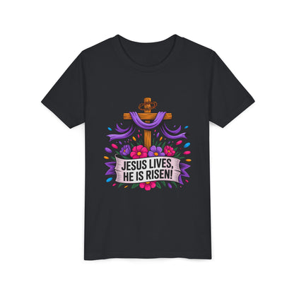 Youth Tee — "Jesus Lives, He Is Risen!" Easter Christian Tee