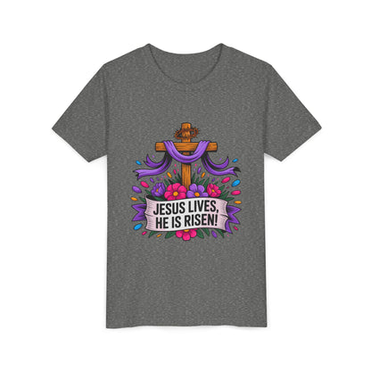 Youth Tee — "Jesus Lives, He Is Risen!" Easter Christian Tee