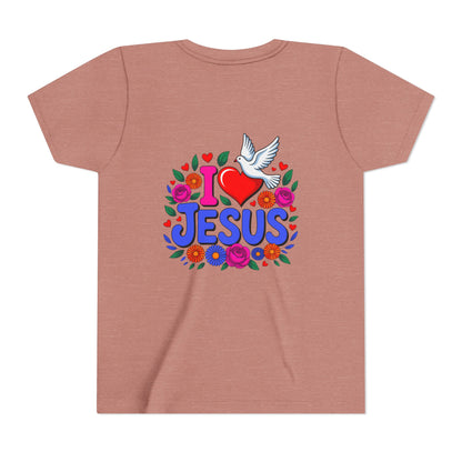 Youth Tee — "I  Jesus" Colorful Dove & Floral Christian Shirt