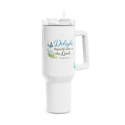 Scripture Tumbler 40oz — "Delight thyself also in the Lord" Floral Butterfly Travel Cup