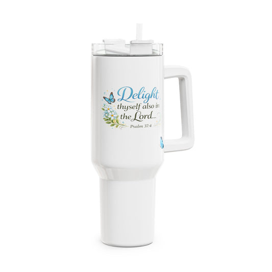 Scripture Tumbler 40oz — "Delight thyself also in the Lord" Floral Butterfly Travel Cup