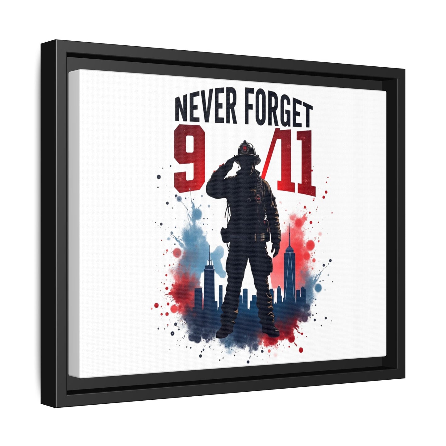 Never Forget 9/11 Framed Canvas Print — Patriotic Firefighter Memorial Art