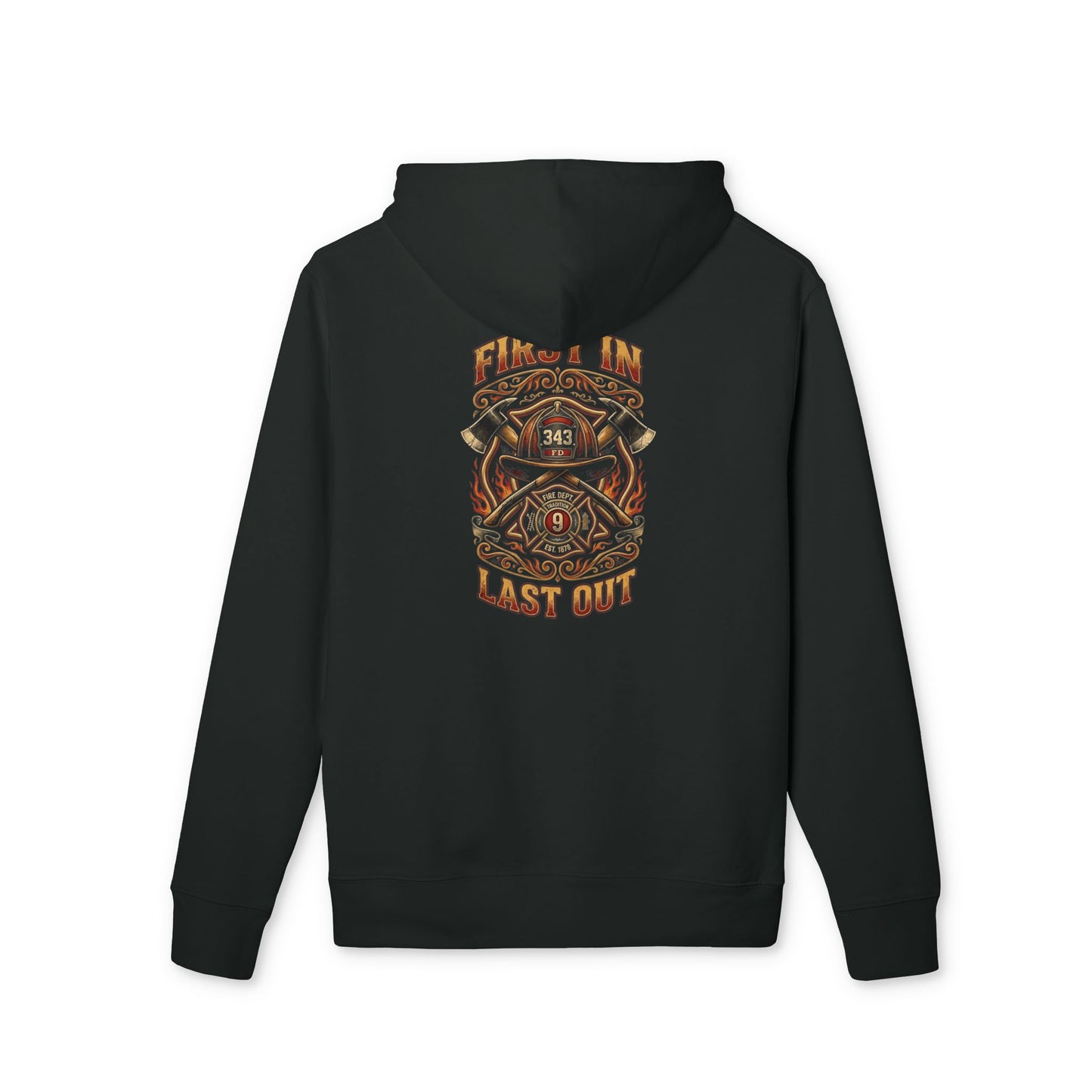 Hoodie — Vintage Firefighter Skull 'In, Up, Last Out' Graphic Pullover