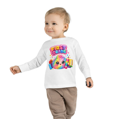 First Grade Toddler Long Sleeve Tee — Colorful Back-to-School Rainbow Crayon Design