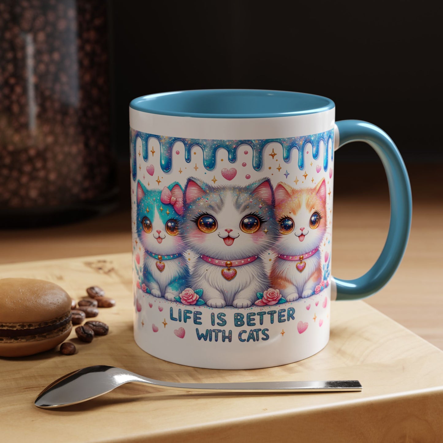 Life Is Better With Cats Accent Coffee Mug — Cute Pastel Kawaii Cat Trio (11/15oz)