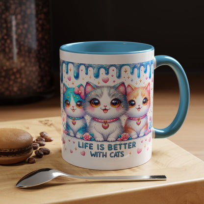 Life Is Better With Cats Accent Coffee Mug — Cute Pastel Kawaii Cat Trio (11/15oz)