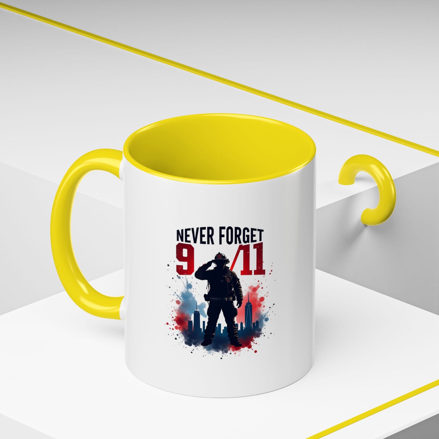 Never Forget 9/11 Accent Coffee Mug — Patriotic Memorial Tribute (11oz, 15oz)