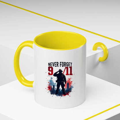 Never Forget 9/11 Accent Coffee Mug — Patriotic Memorial Tribute (11oz, 15oz)