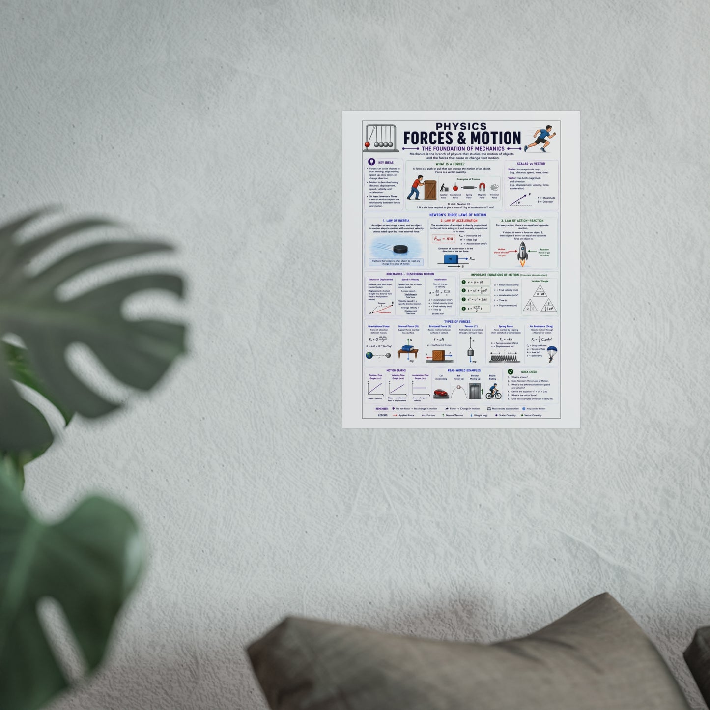 Physics Forces & Motion Educational Poster — Forces and Motion Study Guide