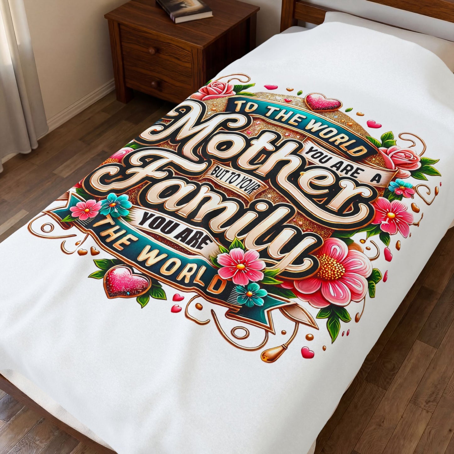 Mother & Family Velveteen Plush Blanket – "To the World You Are a Mother" Floral Throw (Mother's Day Gift)