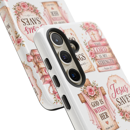 Christian Phone Case — Jesus Saves Floral Tough Case with 'God Is Within Her' & 'Trust God' Design